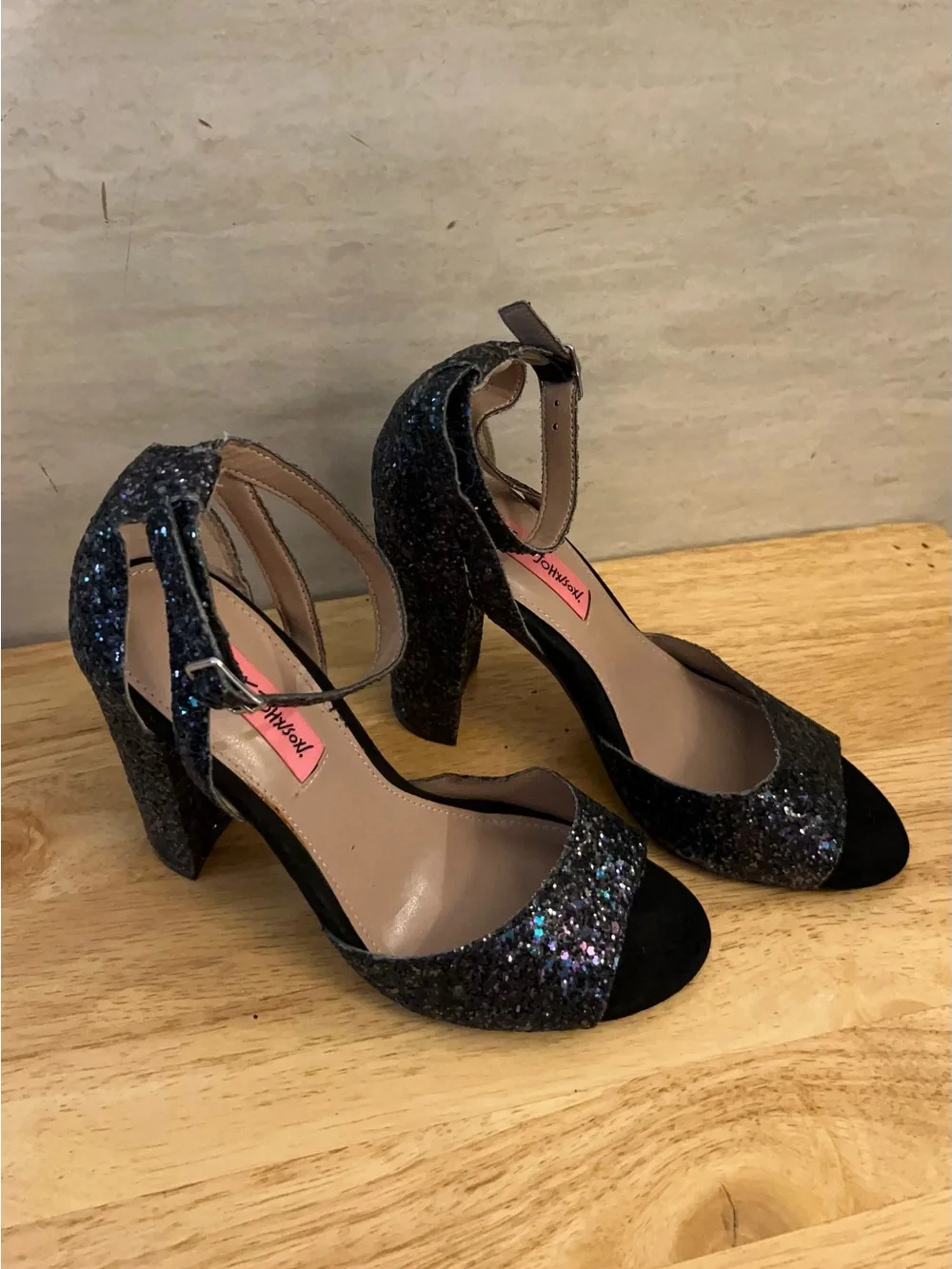 Betsey Johnson Glissten Black Glitter Ankle Strap Sandals.